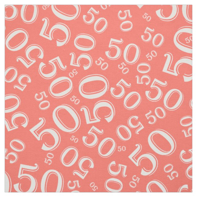 50th Birthday Cool Number Pattern Coral/White Fabric (Swatch)