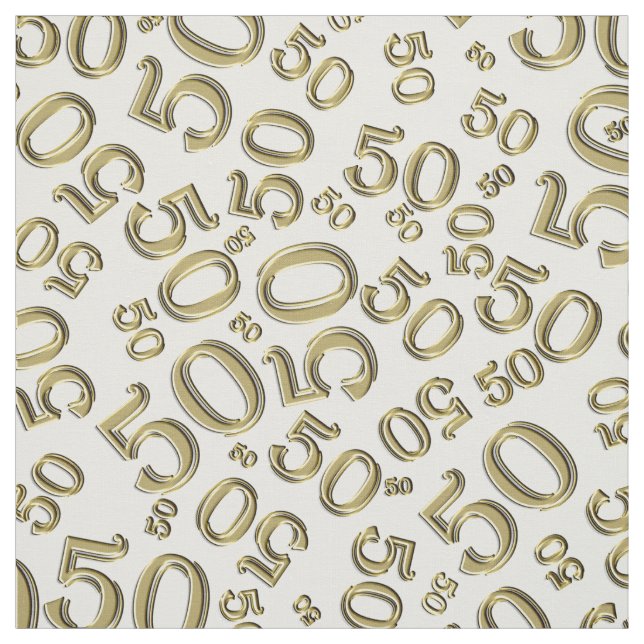 50th Birthday Cool Number Pattern Gold/White Fabric (Swatch)