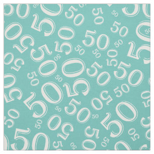 50th Birthday Cool Number Pattern Teal/White Fabric