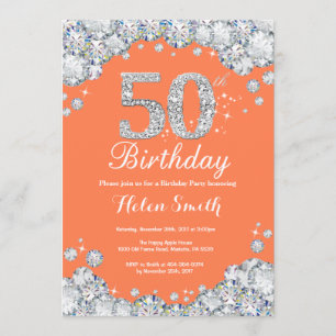 50th Birthday Coral and Silver Diamond Invitation