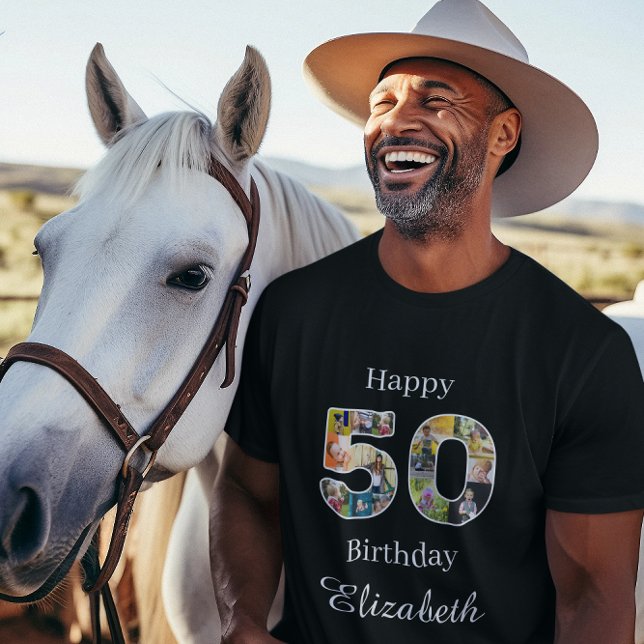 50th Birthday Create Your Own Multi Photo Black T-Shirt (50th birthday photo t-shirt. Personalized collage template.)