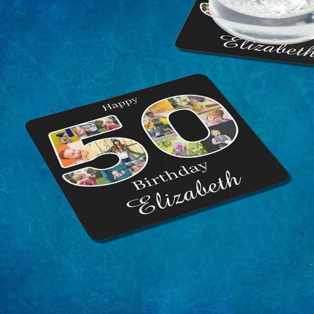 50th Birthday Create Your Own Multi Photo Square Paper Coaster (Personalized 50th birthday party drinks coasters with photo collage.)