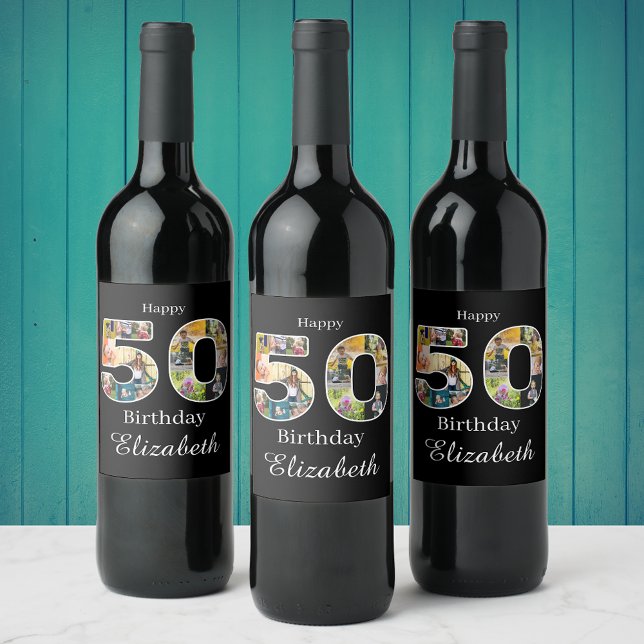 50th Birthday Create Your Own Multi Photo Wine Label (Custom 50th birthday wine bottle labels with photo collage.)