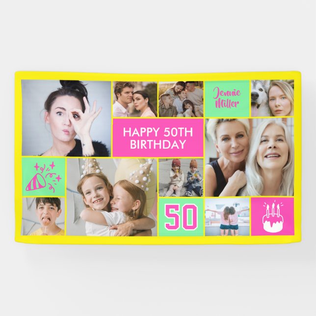 50th Birthday Custom Photo Collage Neon Yellow Banner (Horizontal)
