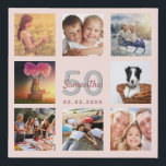 50th birthday custom photo collage rose gold name faux canvas print<br><div class="desc">A unique 50th birthday gift or keepsake, celebrating her life with a collage of 8 of your photos. Add images of her family, friends, pets, hobbies or dream travel destination. Personalise and add a name, age 50 and a date. Grey and dark rose gold coloured letters. A chic black background....</div>