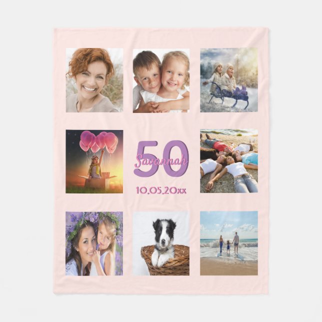 50th birthday custom photo collage rose gold pink fleece blanket (Front)