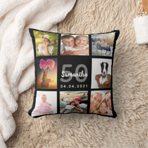 50th birthday custom photo collage woman black cushion