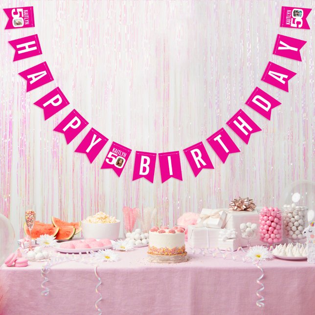 50th Birthday custom photo pink white Bunting (Creator Uploaded)