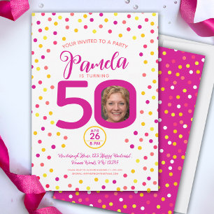 50th birthday custom photo pink yellow confetti invitation