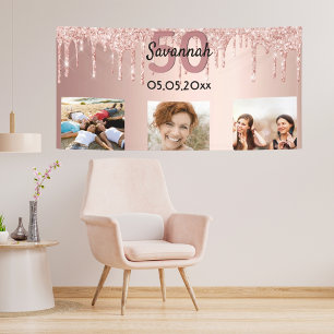 50th birthday custom photo rose gold pink glitter banner