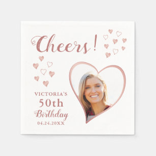 50th Birthday Custom Photo Rose Gold White Cheers Napkin