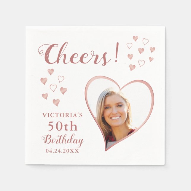 50th Birthday Custom Photo Rose Gold White Cheers Napkin (Front)