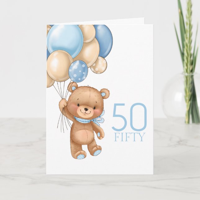 50TH birthday cute blue balloons boy teddy card (Front)