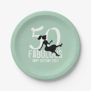 50th Birthday Cute Chic Girly Green Silhouette  Paper Plate