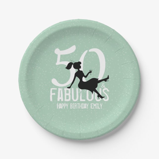 50th Birthday Cute Chic Girly Green Silhouette  Paper Plate (Front)