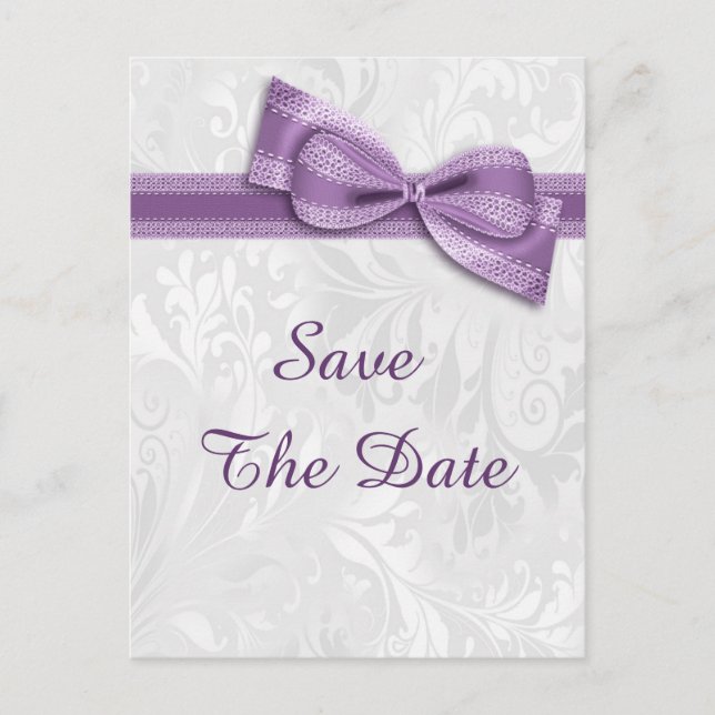50th Birthday Damask and Faux Bow Save The Date Announcement Postcard (Front)