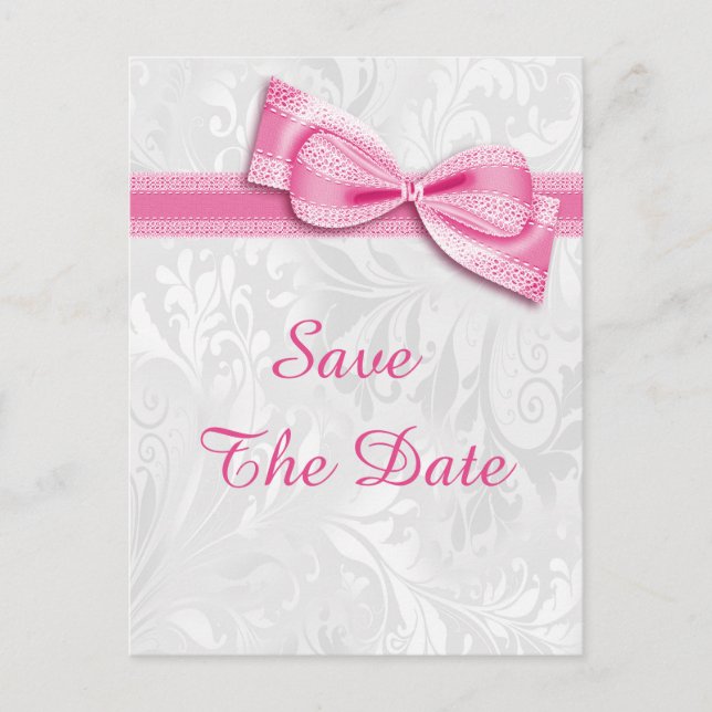50th Birthday Damask and Faux Bow Save The Date Announcement Postcard (Front)