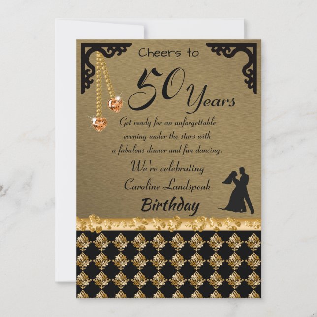 50th Birthday Dance Party  Orange Heart Gem Damask Invitation (Front)