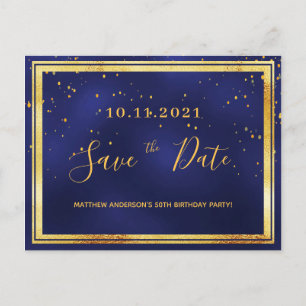 50th birthday dark blue gold save the date postcard