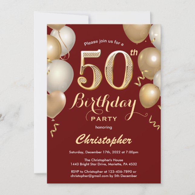 50th Birthday Dark Red and Gold Balloons Confetti Invitation (Front)