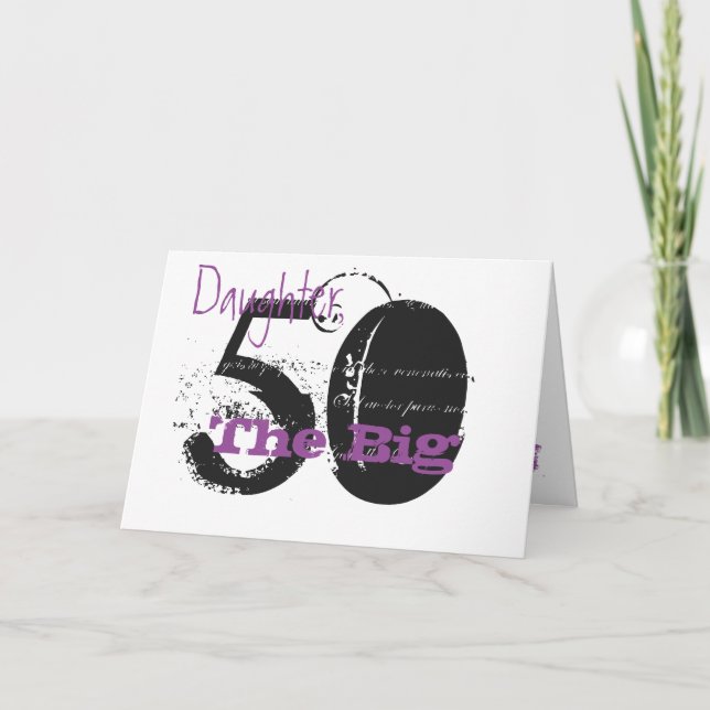 50th Birthday daughter, black, purple text, white. Card (Front)