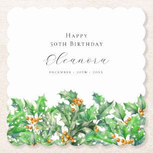 50th Birthday December Birth Flower Holly Custom Paper Coaster