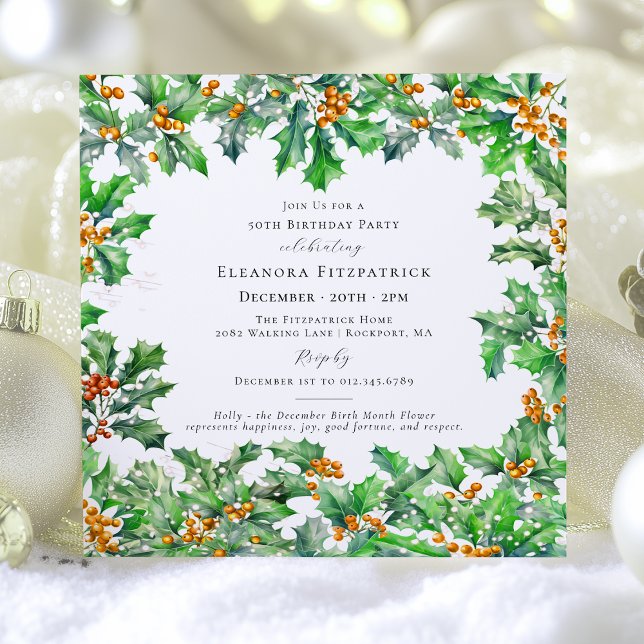 50th Birthday December Birth Flower Holly Square Invitation (Creator Uploaded)