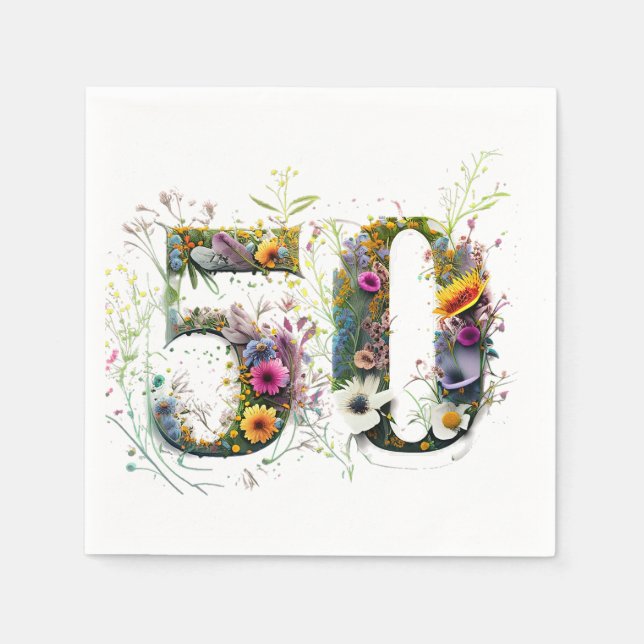 50th Birthday Decorative Wildflower Text Napkin (Front)