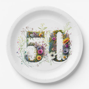 50th Birthday Decorative Wildflower Text Paper Plate