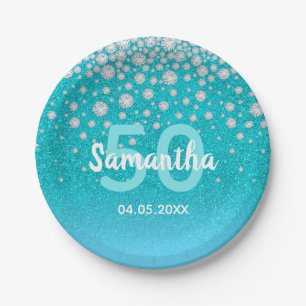 50th birthday diamonds glitter on teal blue green paper plate