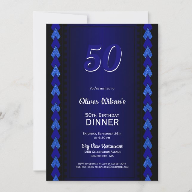 50th Birthday Dinner Black and Blue Party Invitation (Front)