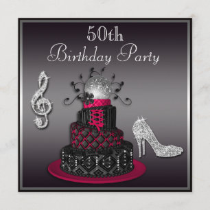 50th Birthday Disco Diva Cake and Heels Hot Pink Invitation