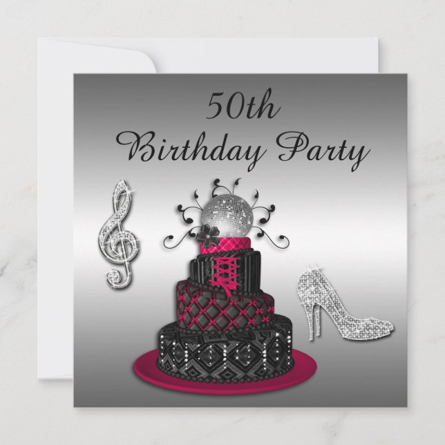 50th Birthday Disco Diva Cake and Sparkle Heels Invitation (Front)