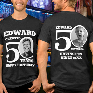 50th Birthday doubled sided photo name white text Tri-Blend Shirt
