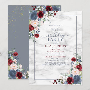 50th Birthday Dusty Blue Burgundy Blush Gold Invitation