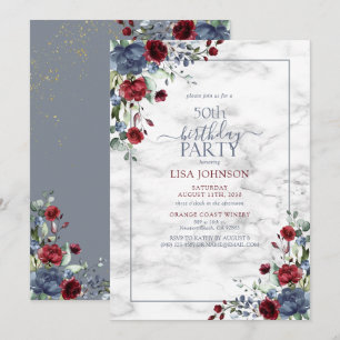 50th Birthday Dusty Blue Burgundy Gold Floral Invitation