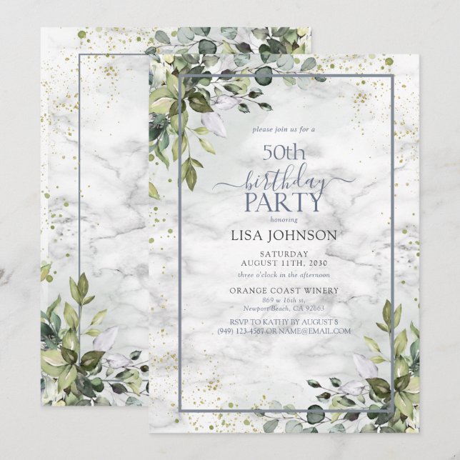 50th Birthday Dusty Blue Eucalyptus Greenery Invitation (Front/Back)
