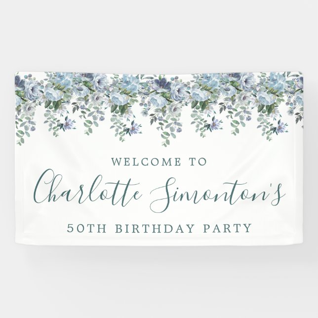 50th Birthday Dusty Blue Floral Welcome Banner (Horizontal)