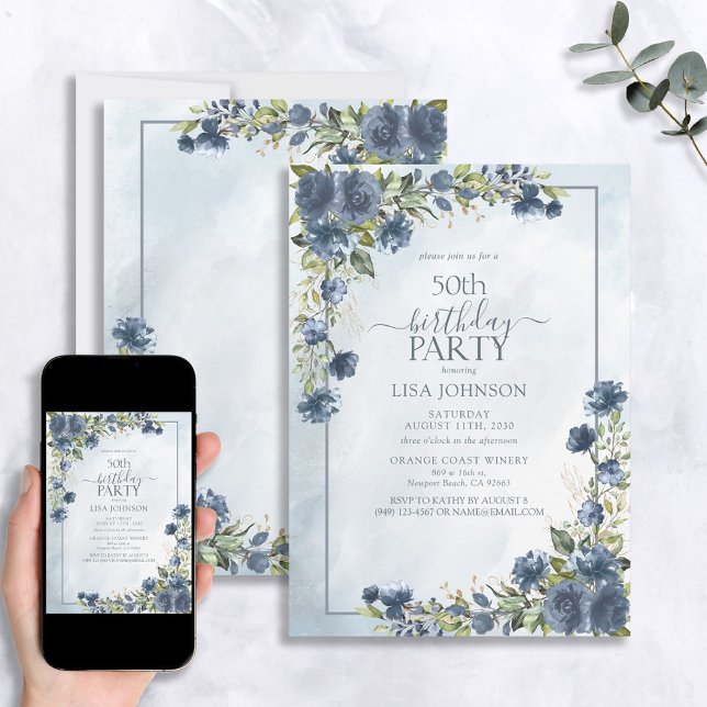 50th Birthday Dusty Blue Watercolor Floral Invitation (Creator Uploaded)
