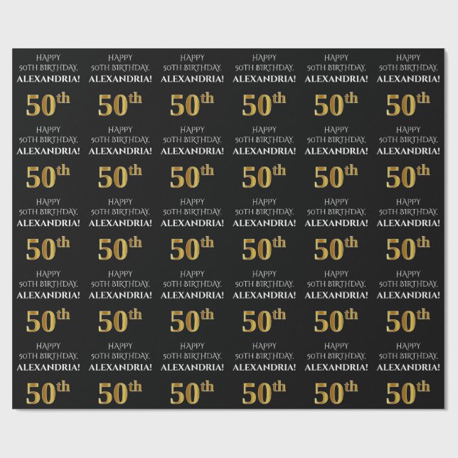 50th Birthday: Elegant, Black, Faux Gold Look Wrapping Paper (Flat)