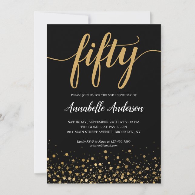 50th Birthday Elegant Black Gold Confetti Script Invitation (Front)