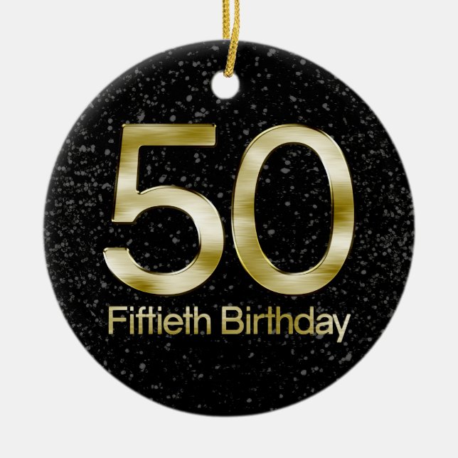50th Birthday, Elegant Black Gold Glam Ceramic Tree Decoration (Front)