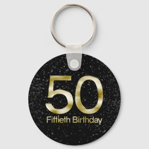 50th Birthday, Elegant Black Gold Glam Key Ring