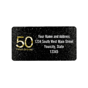 50th Birthday, Elegant Black Gold Glam Label