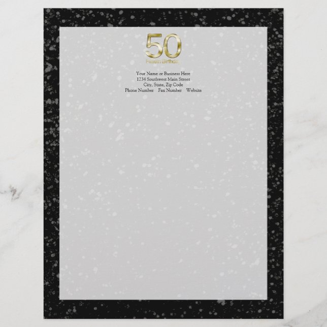 50th Birthday, Elegant Black Gold Glam Personalized Letterhead (Front)