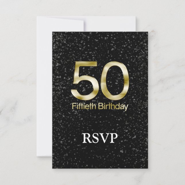 50th Birthday, Elegant Black Gold Glam RSVP Card (Front)