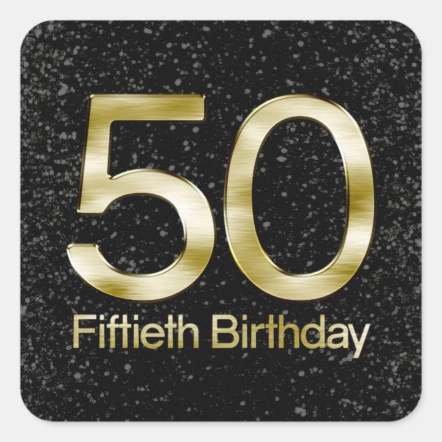 50th Birthday, Elegant Black Gold Glam Square Sticker (Front)