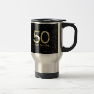 50th Birthday, Elegant Black Gold Glam Travel Mug