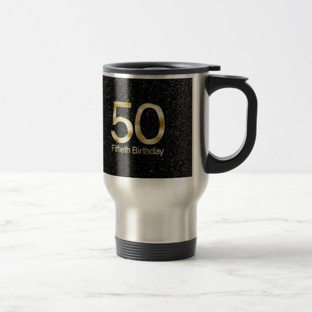 50th Birthday, Elegant Black Gold Glam Travel Mug (Right)