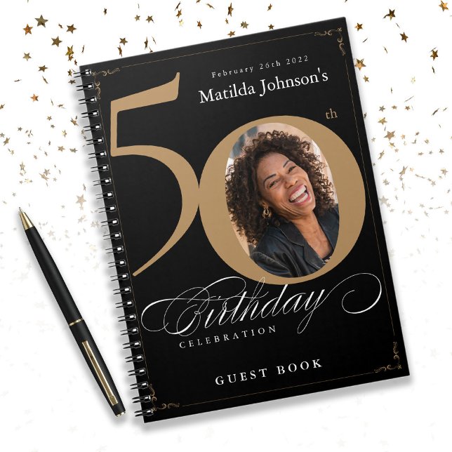 50th Birthday Elegant Black Gold Script Guestbook Notebook (50th Birthday Elegant Black Gold Script Guestbook Notebook)